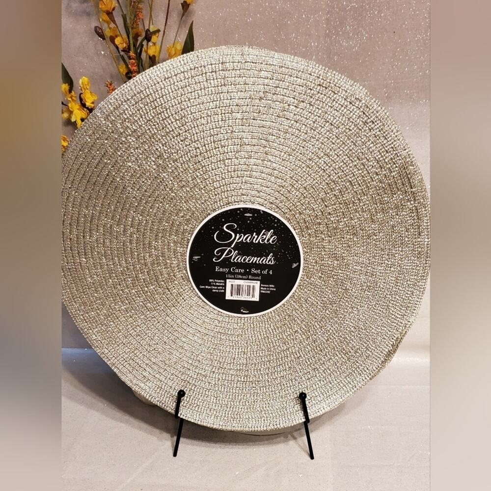 Set of 4 Round 15" Silver Metallic Sparkle Placemats